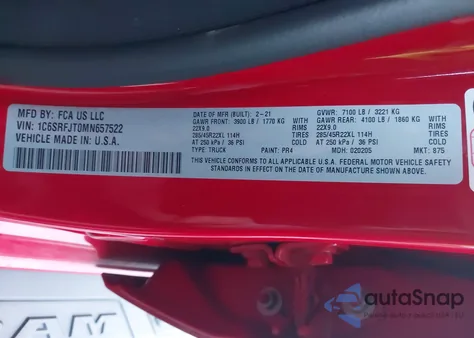 2021 Ram 1500 Laramie 4X4 5'7 Box из США, поврежденный, VIN 1C6SRFJT0MN657522